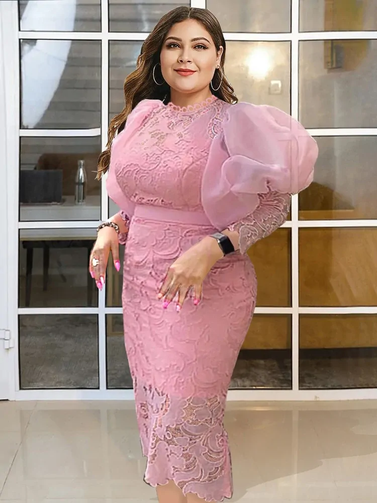 Plus Size Lace Dresses for Women Party Bodycon Flora Puffy Long Sleeve Crew Neck Elegant Summer Birthday Wedding Bridesmaid