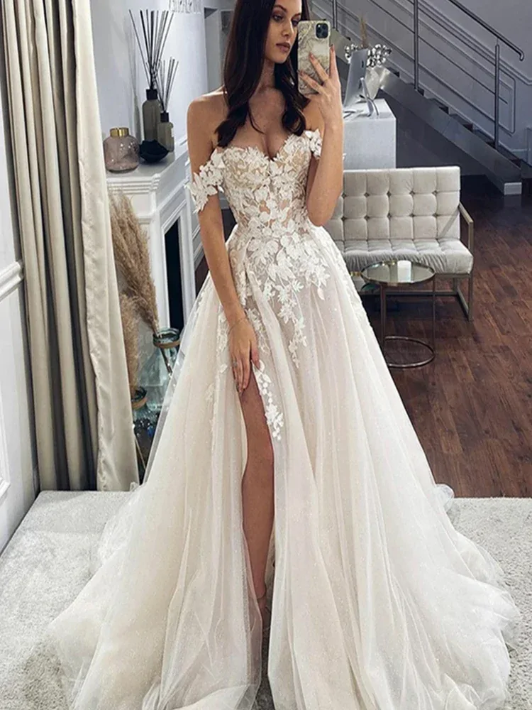 Sexy Lace Wedding Dresses Off The Shoulder Sweetheart Neck Bridal Gowns Side Split Vintage Applique Vestido De Novia Custom