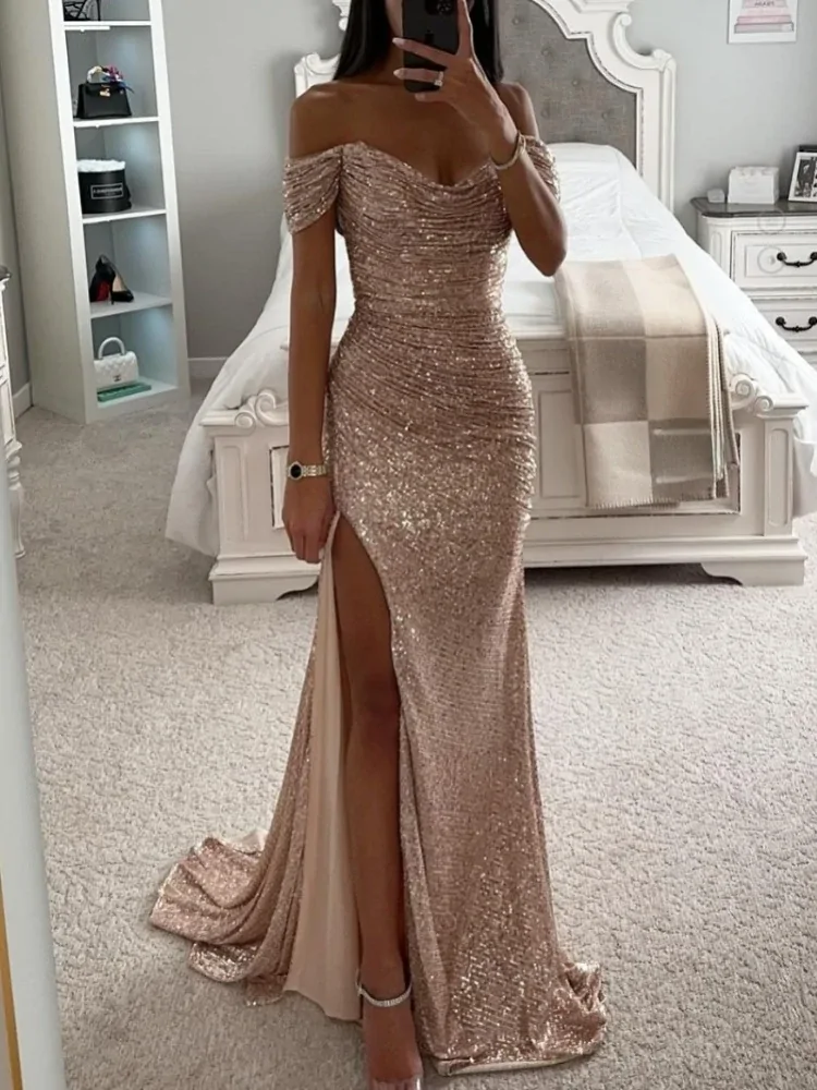 Sequined Slim Fit Wedding Party Dress Elegant Slim Vestidos De Noche Exquisite One Shoulder Evening Gown Prom Dresses