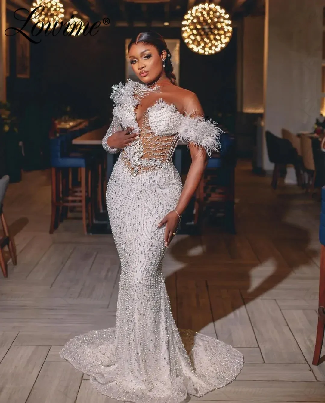 Luxury Mermaid African Wedding Dresses One Long Sleeve Full Pearls Beaded Sexy Sheer Bride Party Dress Custom Made Prom Dresses