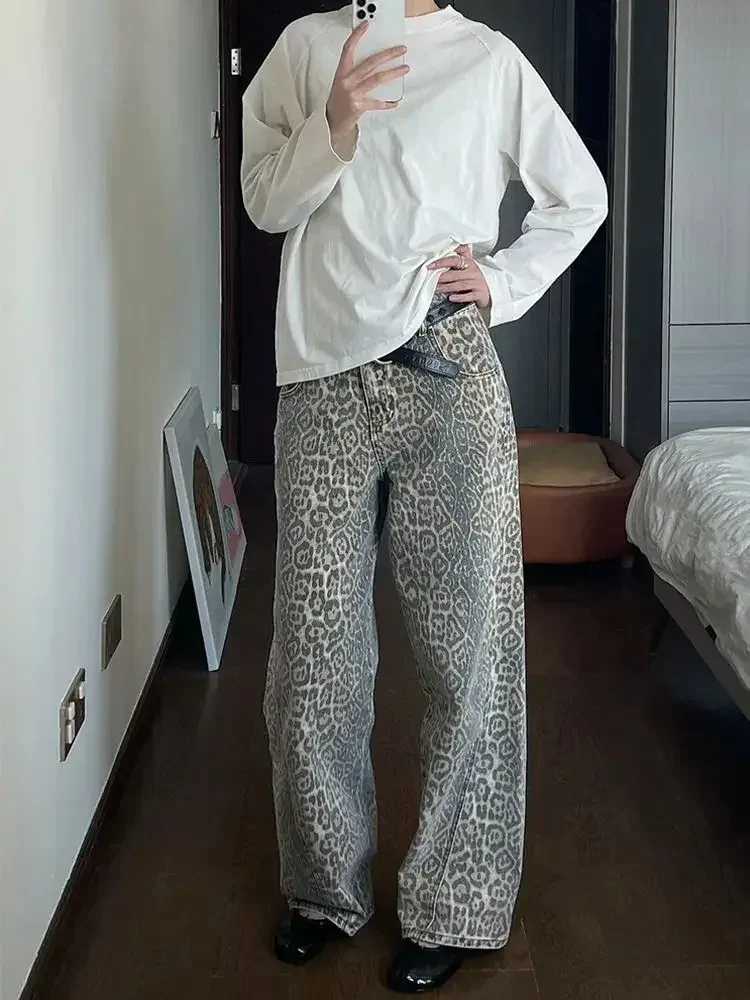 JRJL Leopard Print Jeans Woman Y2k Retro Street American Wide Leg Korean Style Wash Denim Pants Casual High Waist Baggy Jeans