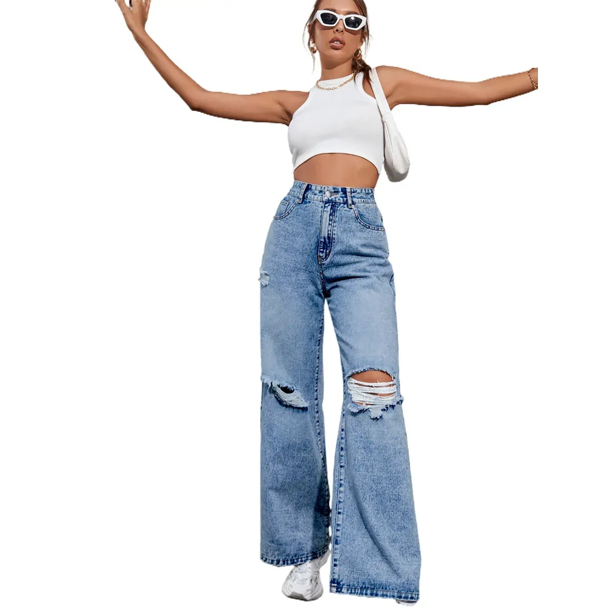 High Waist Ripped Denim Jeans Classic Light Wash Regular Fit Women Ripped Detail Wide Leg Loose Jeans