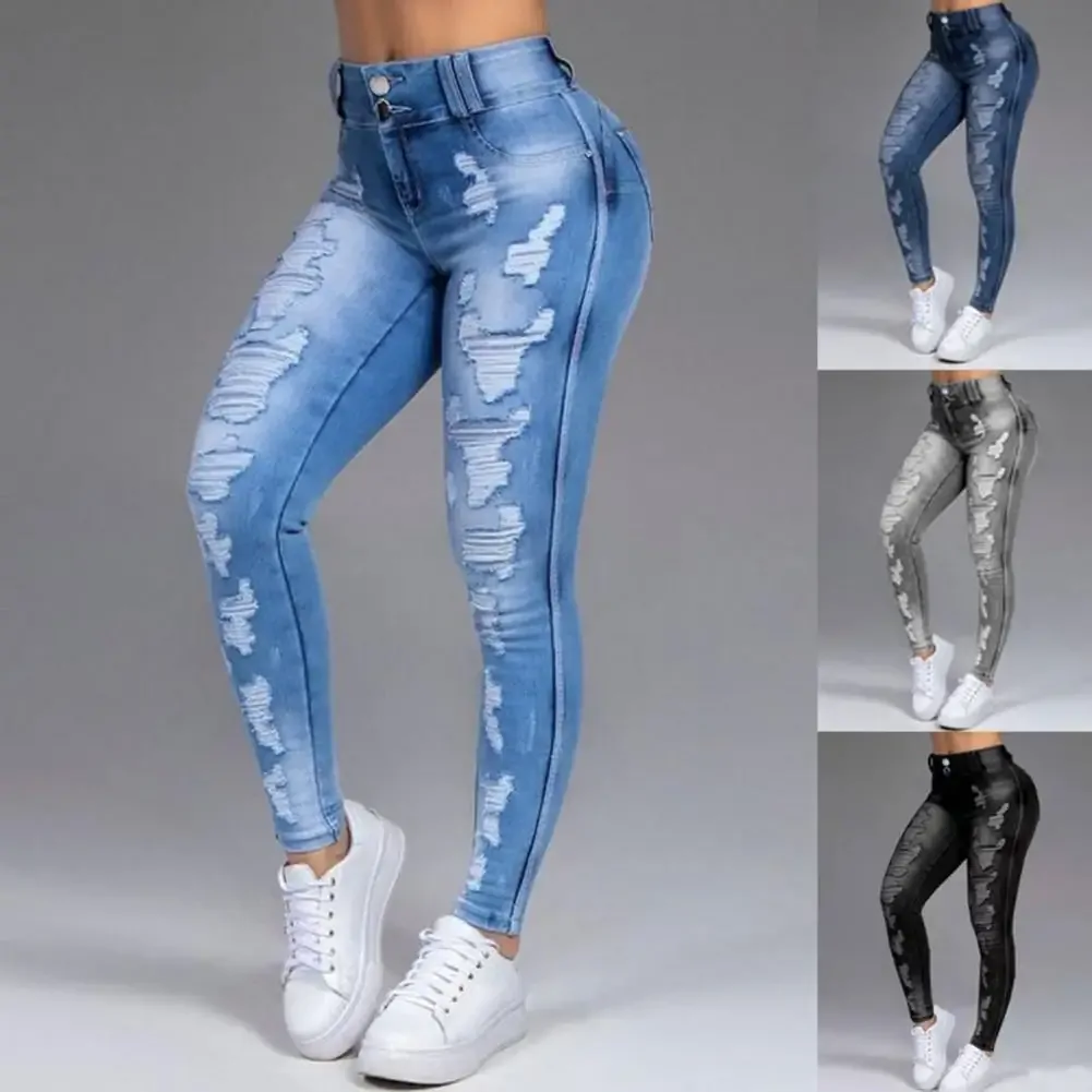 40%HOTRipped Denim Pants Stretchy Plus Size Women Jeans With Button for Daily Wear