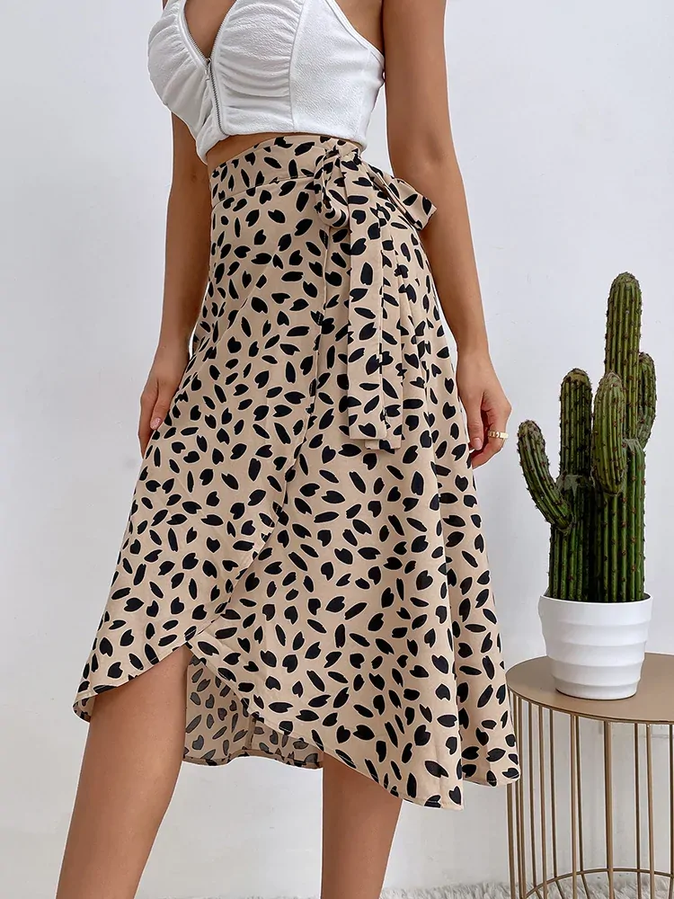 Benuynffy Boho Women Casual Print Tie Side Wrap Skirt Elegant High Waist Female Summer Asymmetrical Knee Length A-Line Skirts