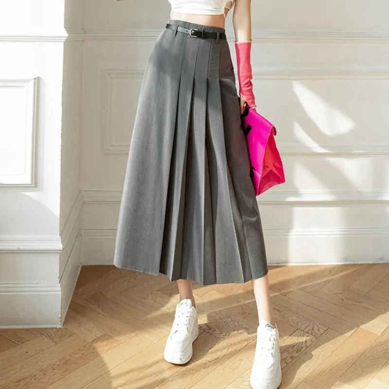 Gray Fashion High Waist A-line Pleated Skirt Women Long Skirts Office Lady Elegant Suit Skirt New Spring Summer Midi Skirts