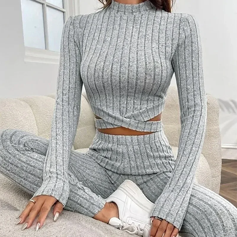 Women Two Piece Sets Pant Set Splice Round Neck Full Sleeve Short Tops Solid Elastic Waist Sheath Long Pants Slim Fit