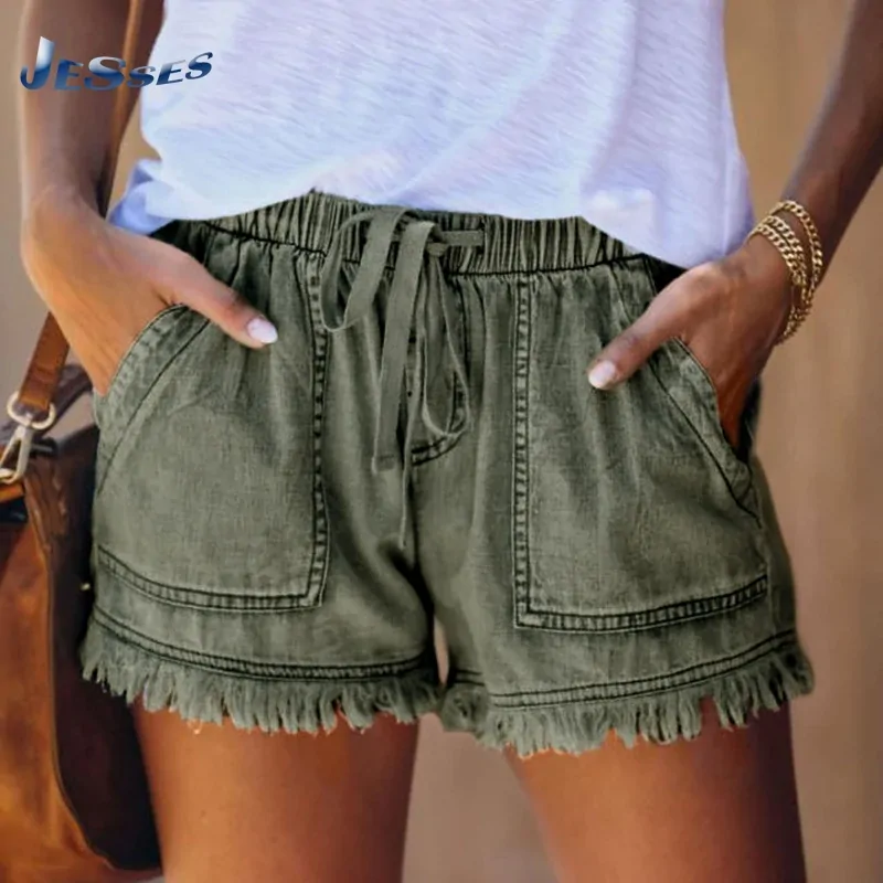 Elastic Waist Casual Women's High Waist Thin Lace-up Shorts Large Size Loose and Thin Sexy Pocket Denim Short