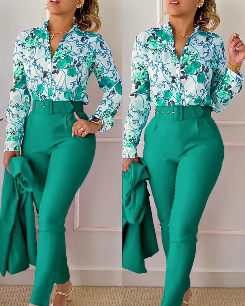 elegant print shirt and pants two piece sets women spring autumn fashion long sleeve shirts high waist pant casual suits