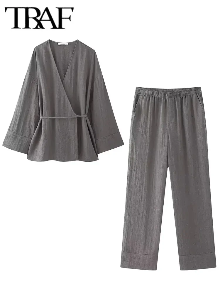TRAF Pajama Style Pants Sets Women 2 Pieces New Fashion Kimono Style Top Women's Suit Two Piece Set Women Outfit