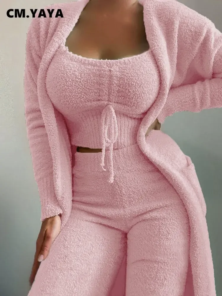 CM.YAYA 3-Piece Women Sets Plush Velvet Pajama Sleepwear Tank Tops Pants Cardigan Coat Tracksuit Loungewear Causal Outfits