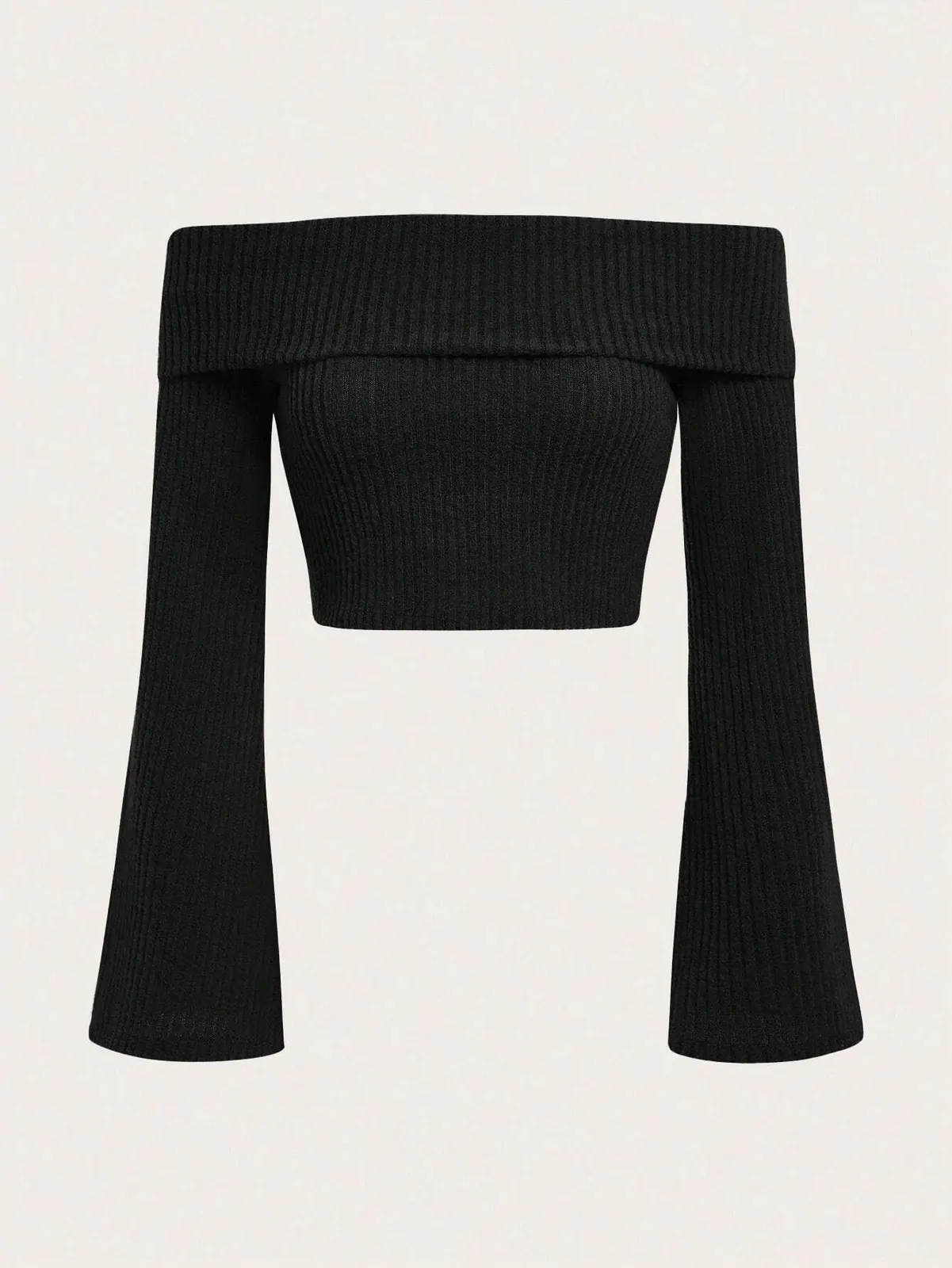 Women Off The Shoulder Flare Long Sleeve Crop Top Fall Spring Sexy Rib-knit Fleece Cropped Blouse Tee Shirts Streetwear Y2K