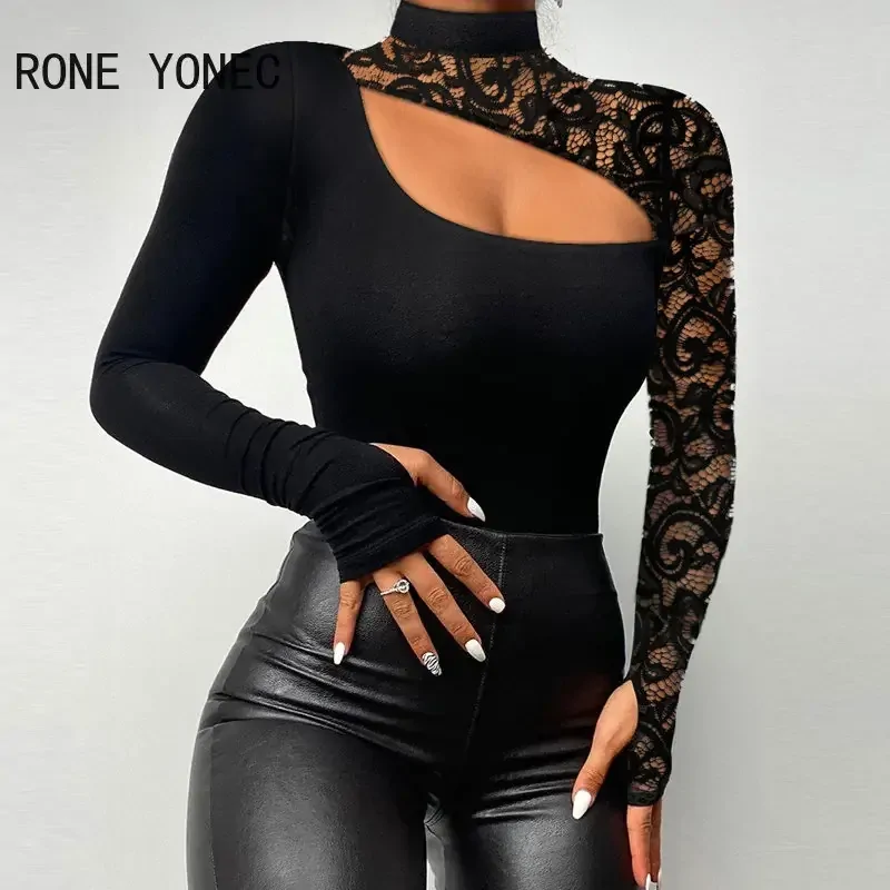 Women Chic Patchwork Hollow Out Half High Neck Long Sleeves Bodycon Sexy Black Blouse Tops