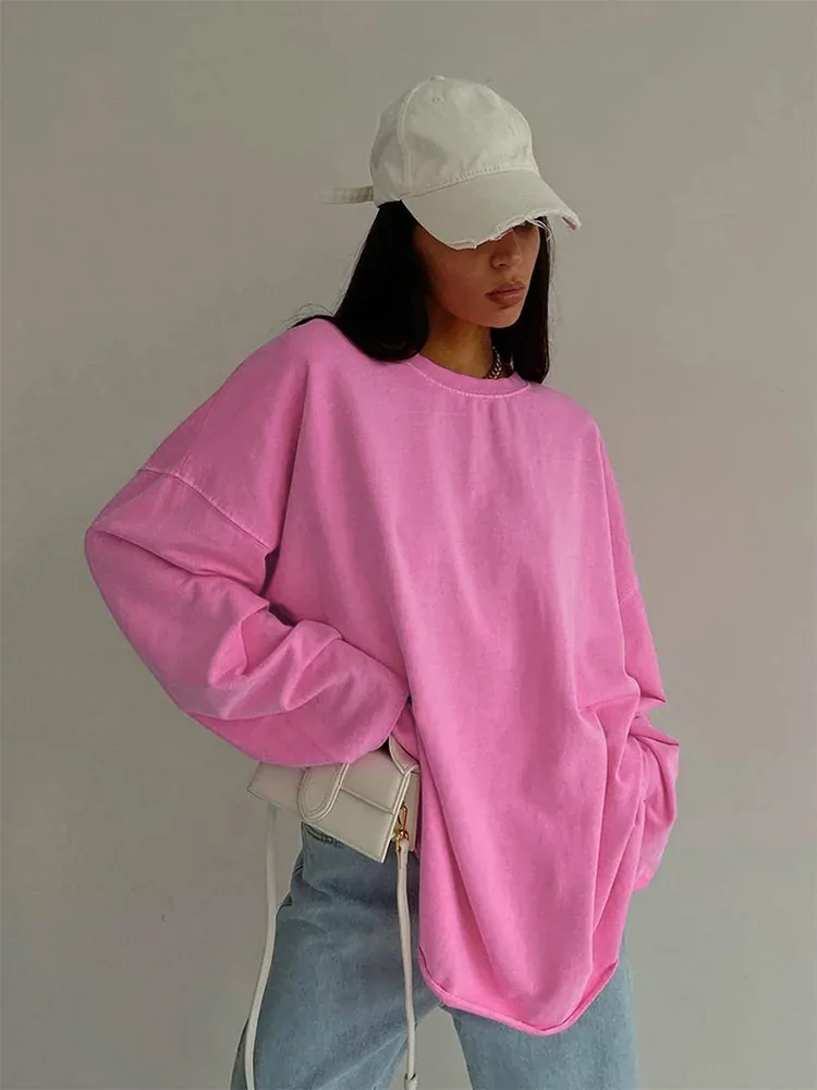 Pink Tee Shirts Streetwear Round Neck Long Sleeve Casual Pullover Tops Women Autumn Thin T-Shirts Lady