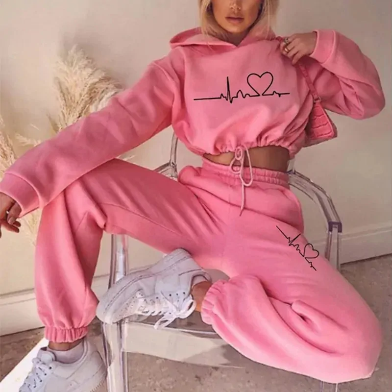 Loose Style Sweater Crop Top Women Two Piece Set Autumn Winter Fashion Long Sleeve Hooded Sports Casual Tracksuit for Lady