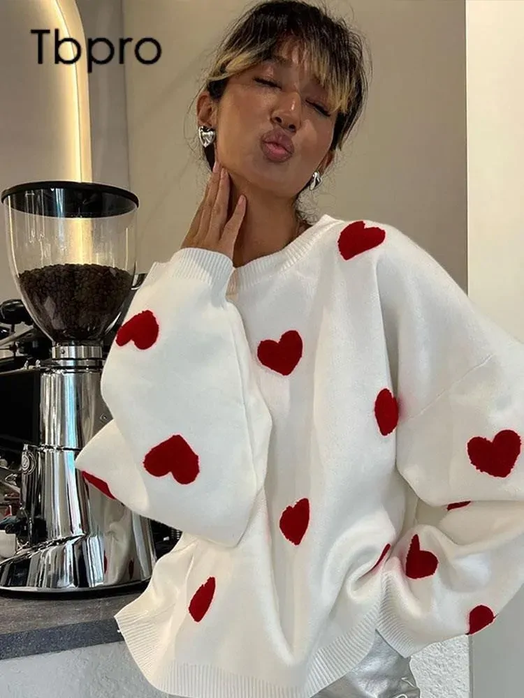 Women Oversized Love Heart O Neck Knit Sweater Lady Fashion Thickened Long-sleeved Pullover Sweaters Female High Street Jumper