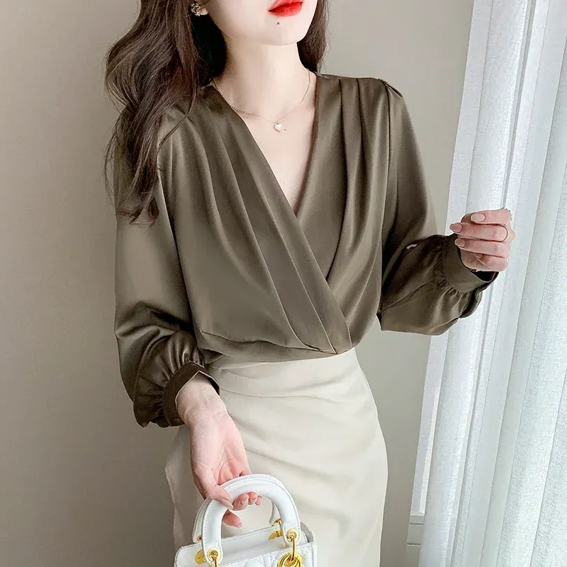 Autumn Women's Long Sleeved V-neck Vintage Lantern Sleeve Solid Pleated Commuter Satin Chiffon Shirt Blouse Tops Camisas A960
