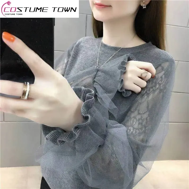Women's New Trendy Sweater Women's Spring and Autumn Age Reducing Loose Mesh Lace Sleeves Knitwear Thin Style