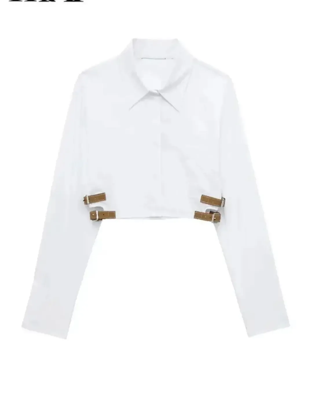 XNWMNZ Women Lapel Cropped Shirt Casual Long Sleeve Pocket Belt White Short Blouse Female Simple High Street Tops