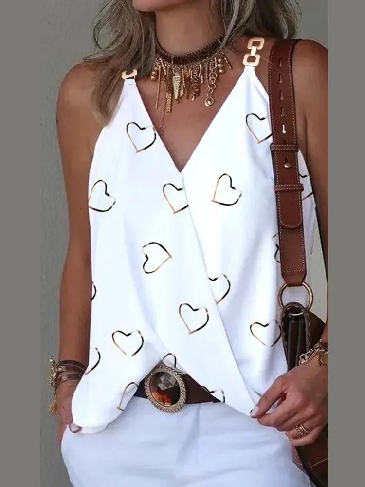 Elegant V-Neck Blouse for Women, Sexy Sleeveless Chain Print, Lady Casual Tops, White, Summer,