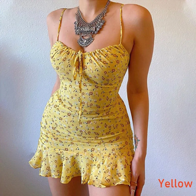 Floral Print Short Summer Dresses Woman Spaghetti Strap Slim Mini Dress Boho Sundress Bandage Sexy Ruffle Tunic Dress S-5XL
