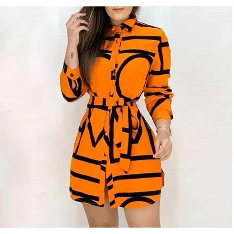 Autumn New Women's Closing Printed Long Sleeve Single-Brewed Shirt Waist-Controlled Lace-up Dress
