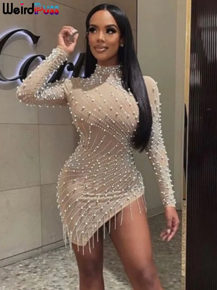 Weird Puss Pearl Mesh Sexy Dress Rhinestone Tassel Side Split Long Sleeve Elastic Bodycon Trend Birthday Midnight Party Outfit