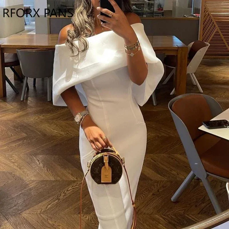 Women Solid Elegant Off Shoulder Midi Bodycon Party Formal White Dress