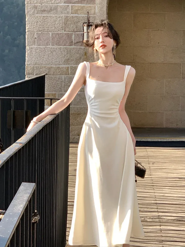 Summer New Korean Fashions Elegant Square Collar Evening Party White Midi Dress Office Lady Slim Sexy Sleeveless Strap Dress