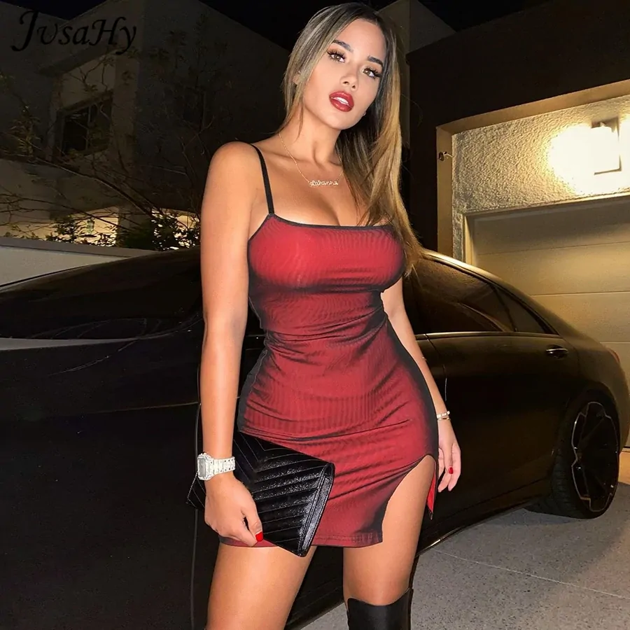 JusaHy Y2K Sexy Slim Bodycon Split Dresses Women's Banquet Solid Sleeveless Summer Skinny Sling Street Party Club Dress Hot