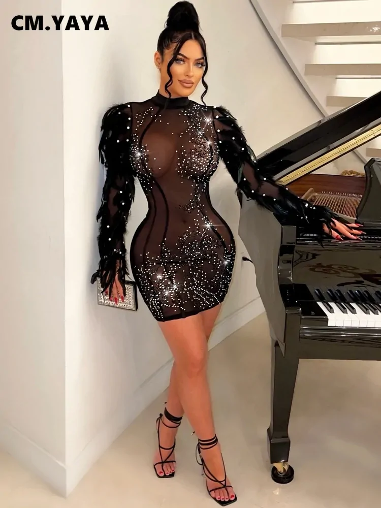 CM.YAYA Women Long Sleeve Dress Fashion Mesh Hot Drilling Feather O-neck Sexy Party Club Evening Birthday Mini Dresses