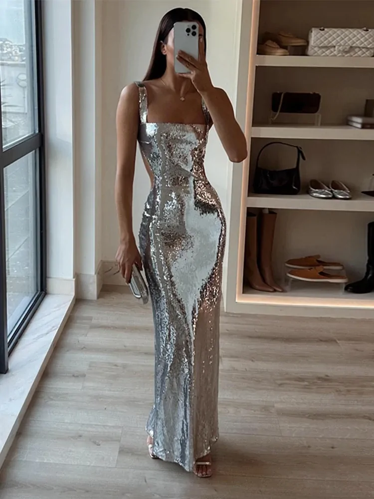 Sexy Sling Backless Silvery Maxi Dress For Women Fashion High Waist Bodycon Sleeveless Robes Female Evening Party Vestidos