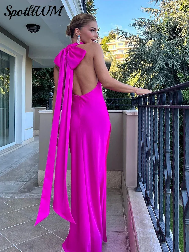 Rose Red Satin Backless Bow Lace-up Long Dress Sexy Sleeveless Zipper Wrap Hip Bodycon Dresses Ladies Party Evening Robes