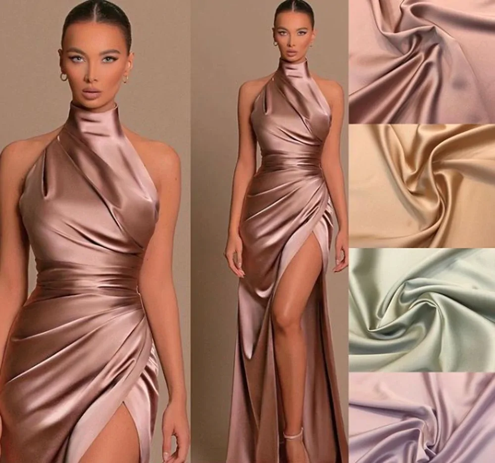 Solid Color Women For Evening Dress Halter Satin Ruched Bust Waist Prom Gowns Prom Dress Sexy High Slit Formal Vestido