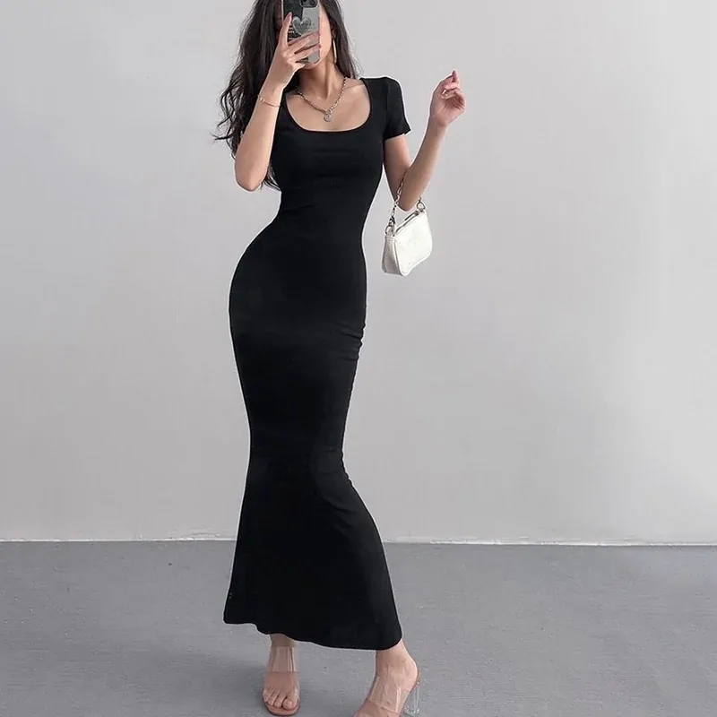 Summer Solid Color Slim Long Dress Women Short Sleeve Skinny Bodycon Maxi Dresses Woman Square Collar Party Vestidos Mujer