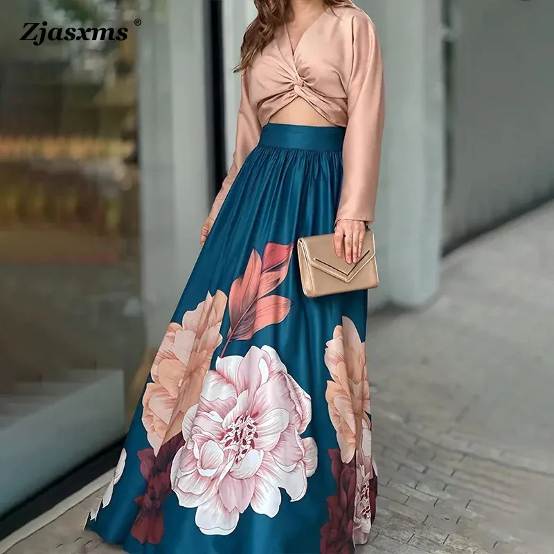 Autumn Women Long-Sleeved Print Shirt Long Dress Suits Elegant Lady Two-Piece Leisure Holiday Sets Female Commuting Dress Outfit