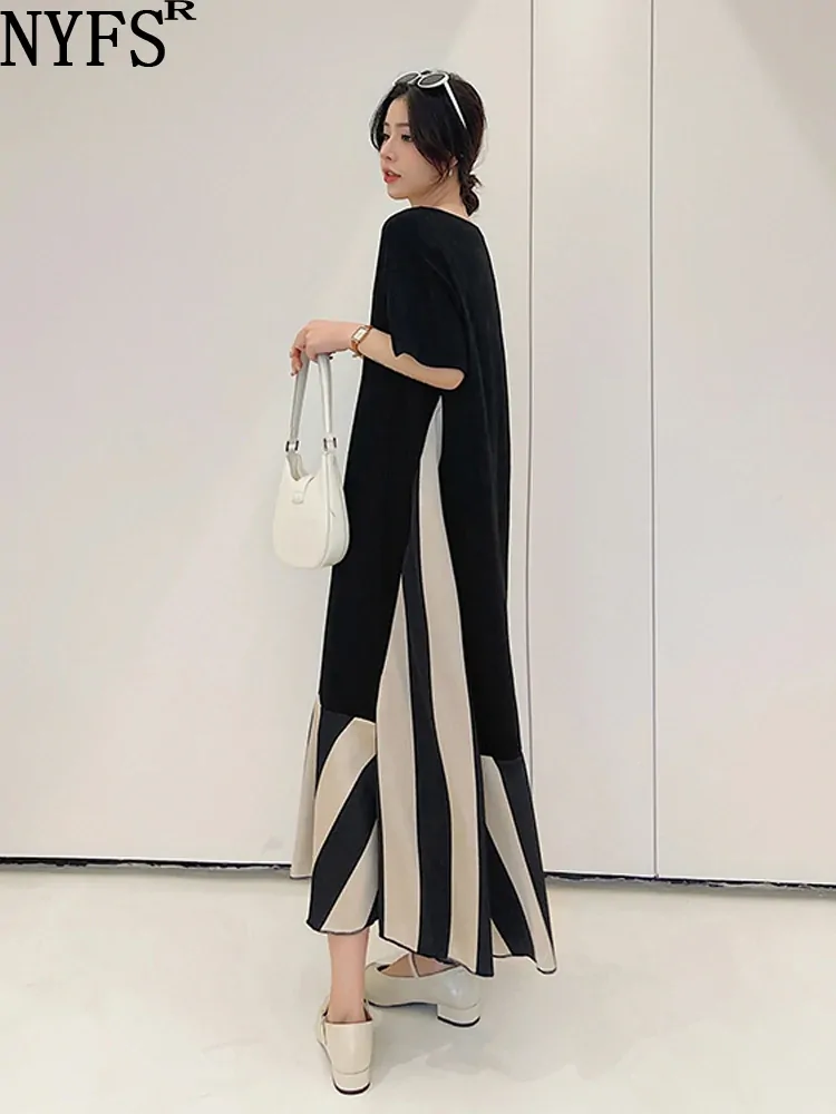 NYFS Summer New Korea Dresses For Women Vestidos Robe Elbise Loose Plus Size Patchwork Silk Velvet Stripe Long Dress
