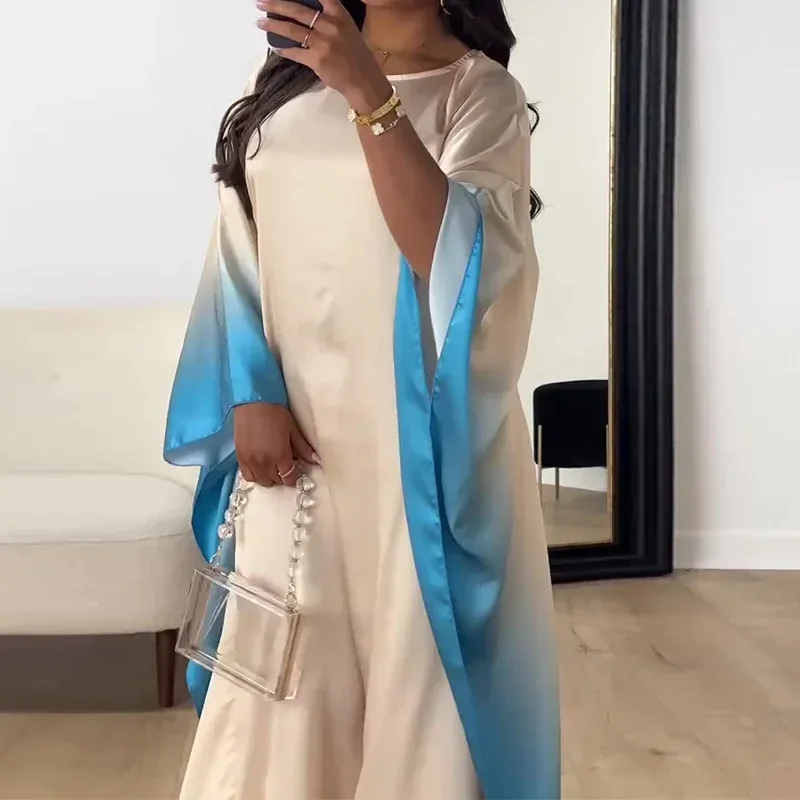 Summer New Women's Dress Fashionable Round Neck Contrast Colored Silk Loose Long Sleeved Dress Casual and Elegant Women's Dress
