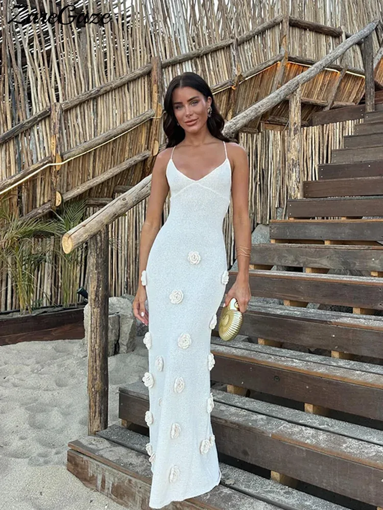 3D Flower Knitted Sling Maxi Dress Women Deep V-neck Spaghetti Strap Backless Sleeveless Beach Dresses 2024 Summer Lady Robes