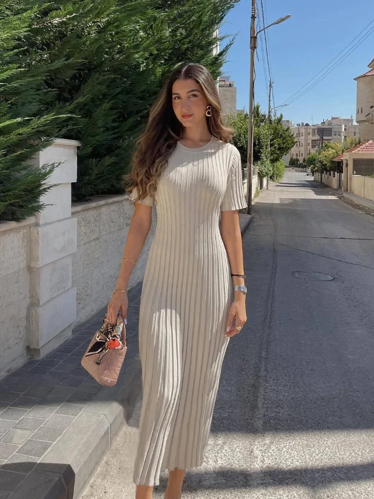 Mingmingxi Elegant Solid Ribbed Knitted Maxi Dress Women O-neck Short Sleeve Pleated Lace Up Dresses 2023 Streetwear Robe