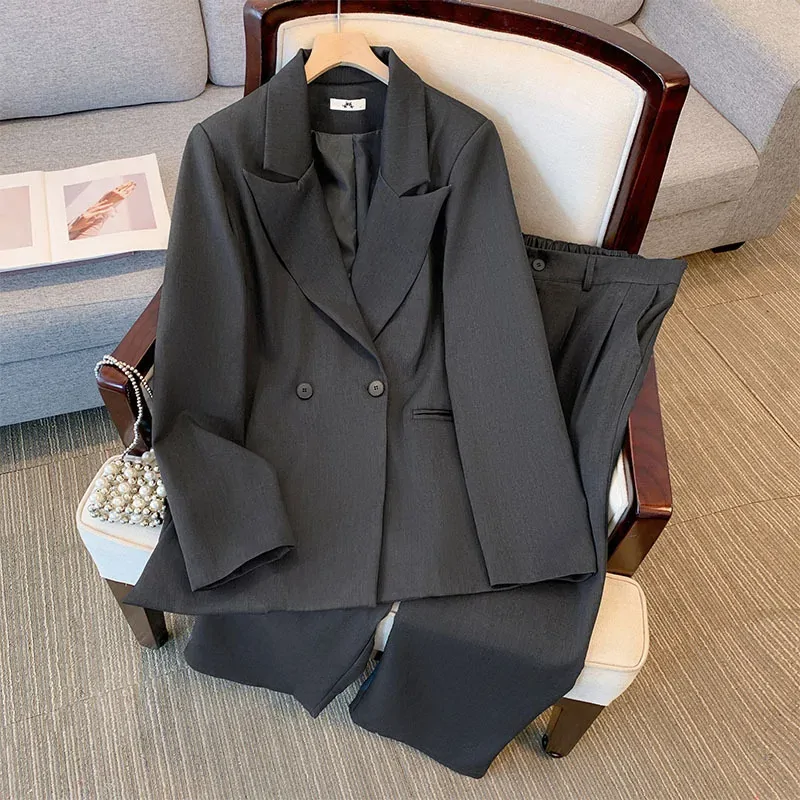 150Kg Plus Size Women's Bust 149 Spring Autumn Loose Suit Jacket And Pants Set Black 5XL 6XL 7XL 8XL 9XL