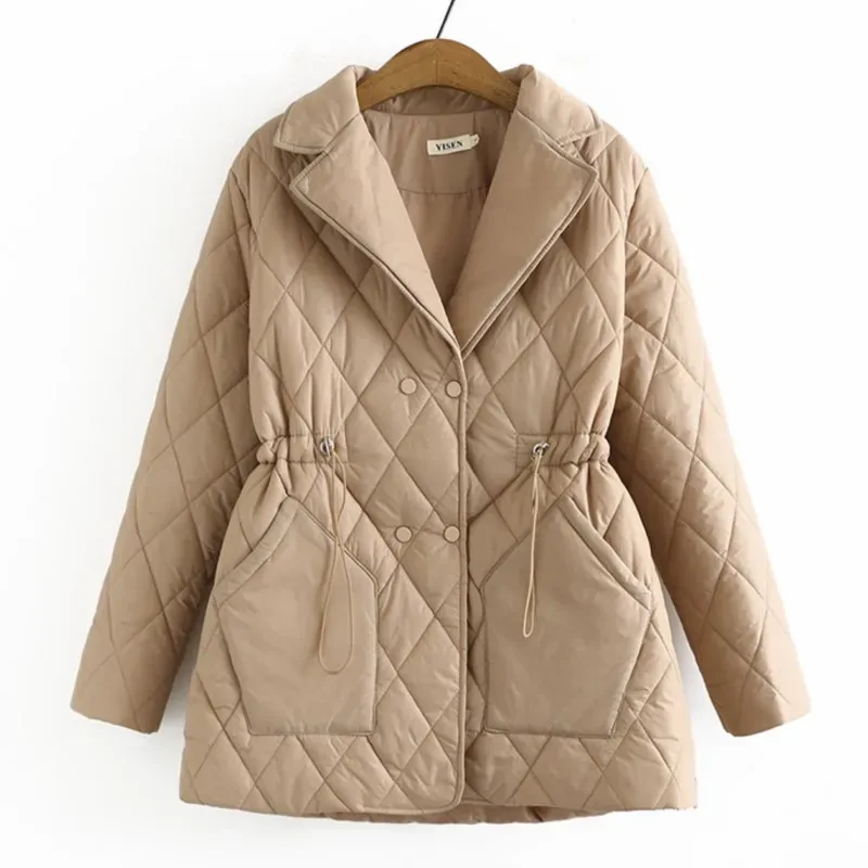 Plus Size Parkas Women Clothing Winter Fashion Shiny Warm Wadded Jacket Drawstring Waist Tailored Collar Argyle Padded Coat