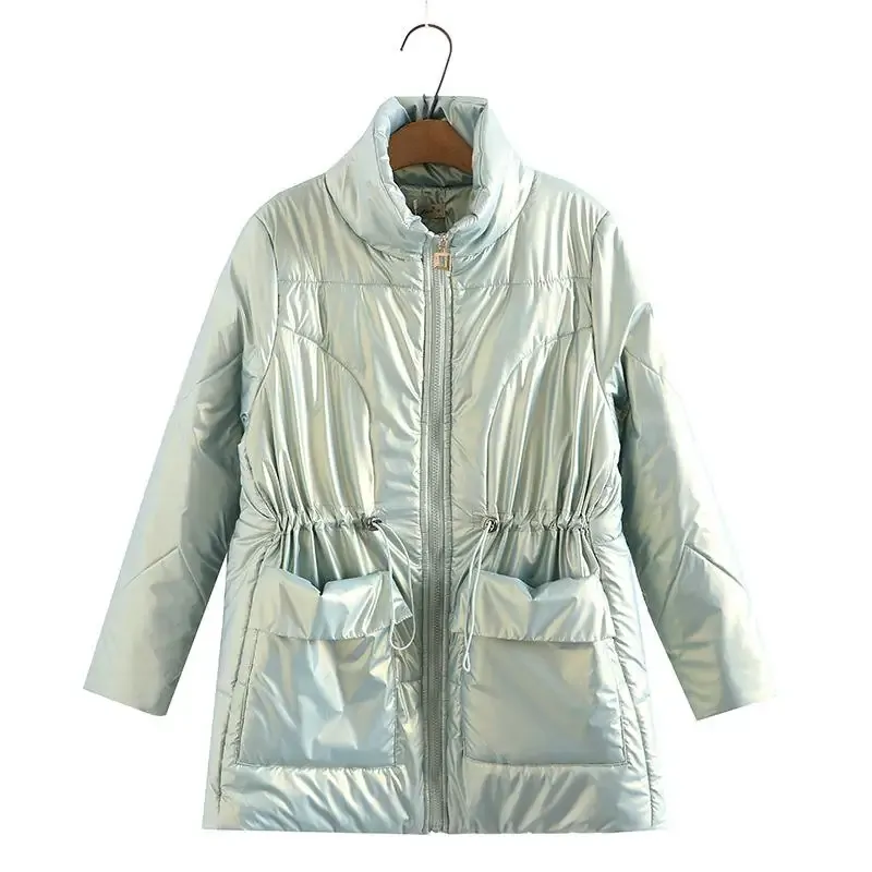 Women Clothing Parka Plus Size Winter Fashion Wadded Jacket Shiny Stand Collar Long Sleeve Thick Warm Padded Coat