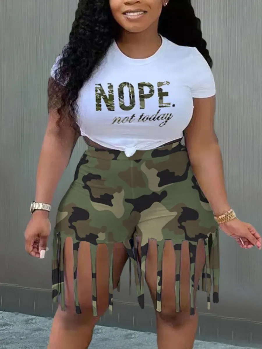 LW Plus Size Shorts Set Camo Tassel Y2k Graphics Top Shorts Set Femme Short Sleeve Two Pieces Set Casual women's Macthing Outfit
