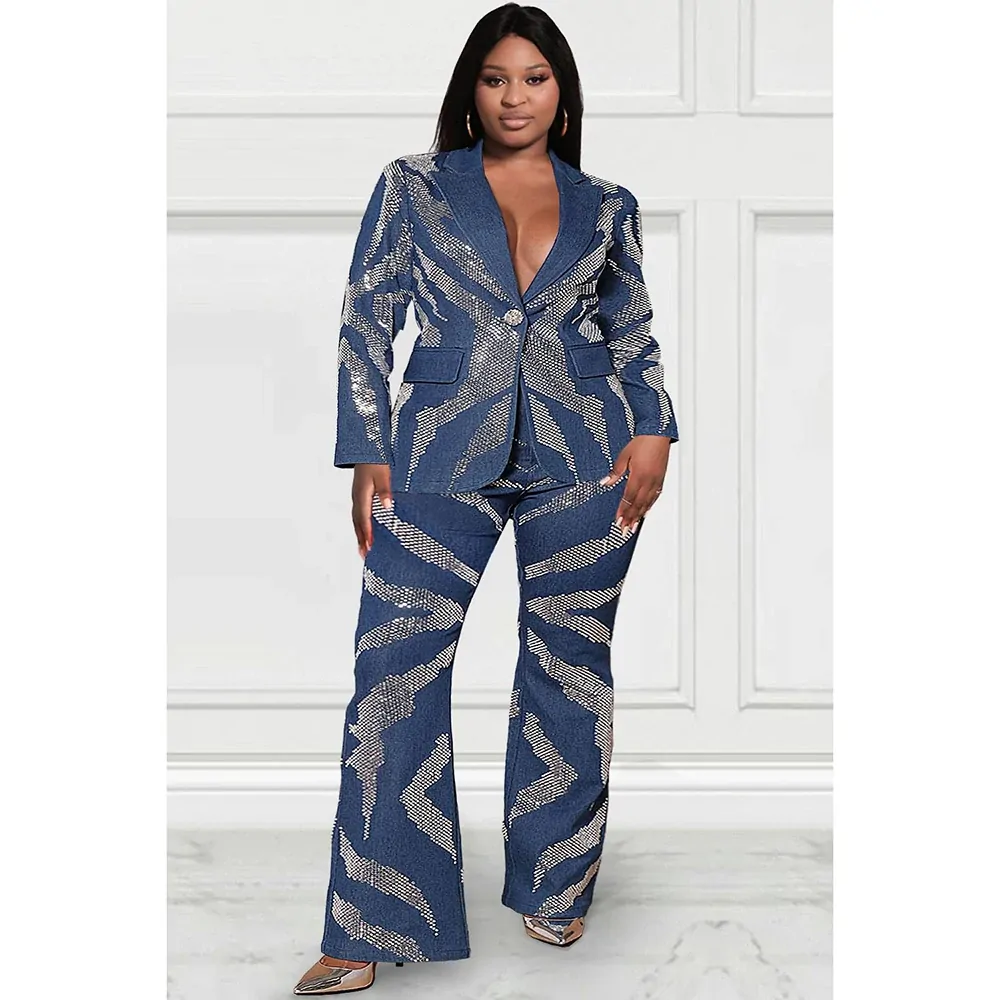 Plus Size Party Pant Set Deep Blue Denim Sequin Blazer Suit Two Piece Pant Set