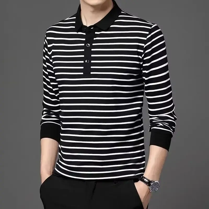Trendy Autumn Polo Shirt For Men Color Blocking Lapel Long Sleeves Korean Style Slim Fit Youth Sweater