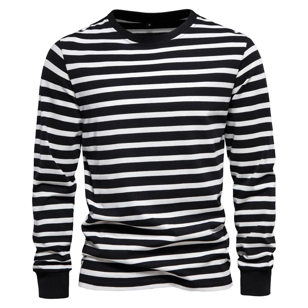 Simplicity Stripe Print T Shirt For Men Fashion Comfortable Cotton Long Sleeve T-shirt Leisure O-neck Pullover Autumn Loose Tops