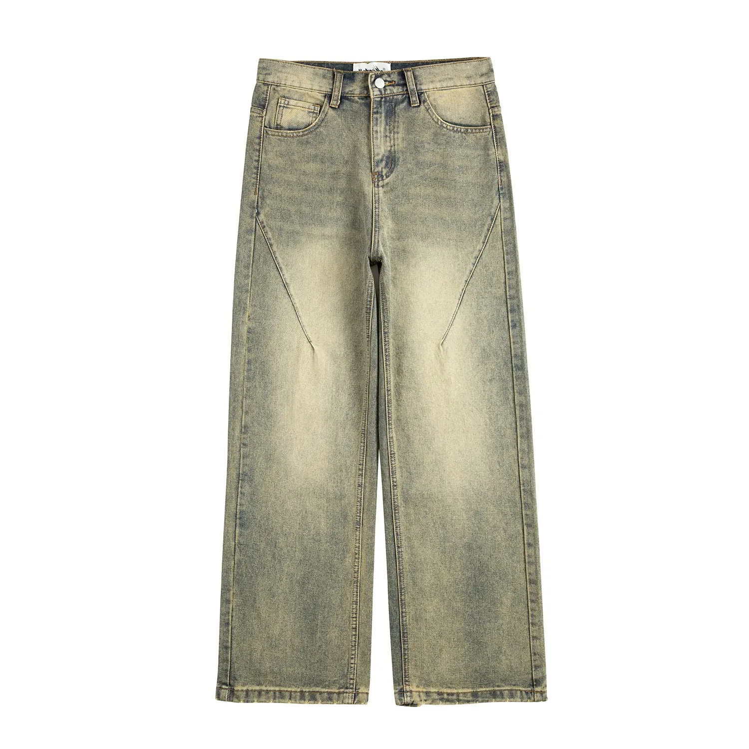 Vintage Oversized Split Deconstructed Wide Jeans for Men Yellow Mud Dyed Washed Distressed Wide Leg Jeans Cat Whisker Denim Pant