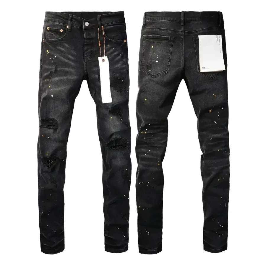New Fashion 2024 High quality Purple Jeans Men High Street Black Paint Dot Knife Cut Hole Repair Low Rise Skinny Denim Pants