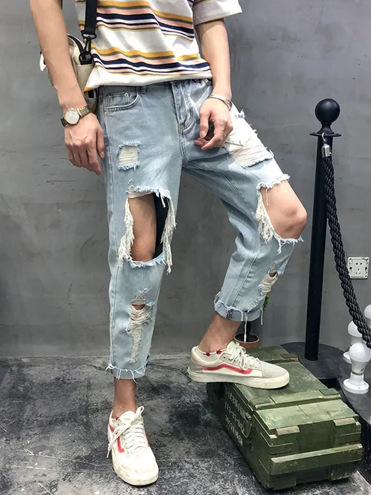 Spring/Summer Men's Loose Hole Nine Point Jeans Fashion Beggar Straight Denim Pants