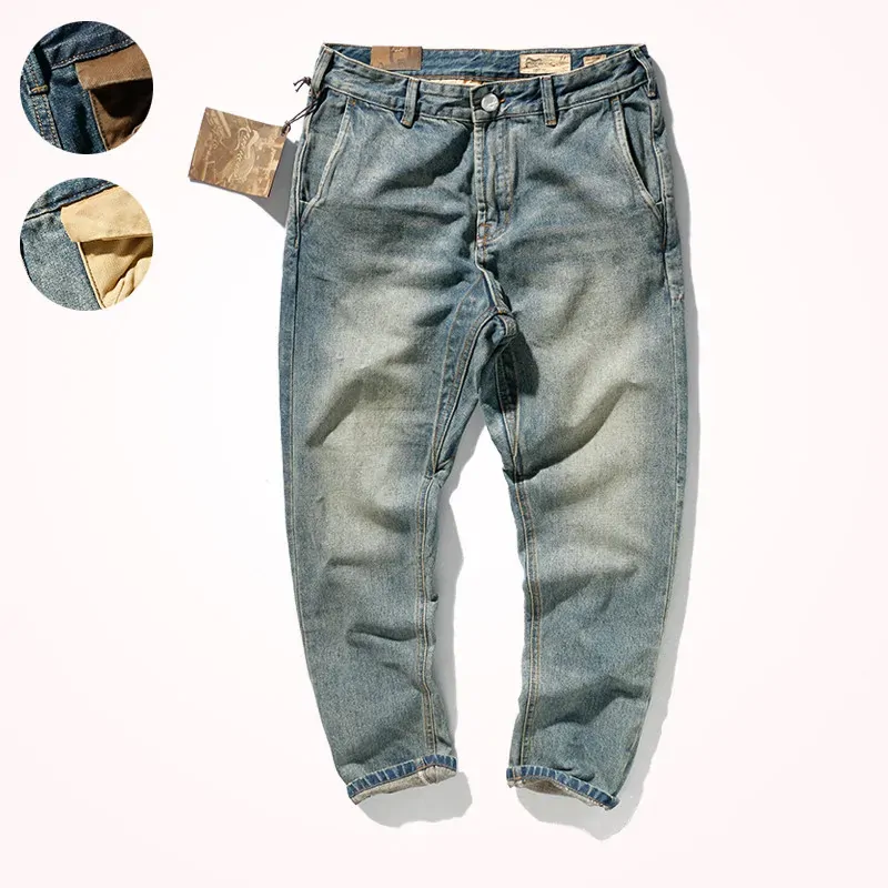 2024 Spring New Heavyweight Jeans Men's Fashion American Casual Washed Old Denim Pencil Pants Men's Retro Tapered Straight Pants